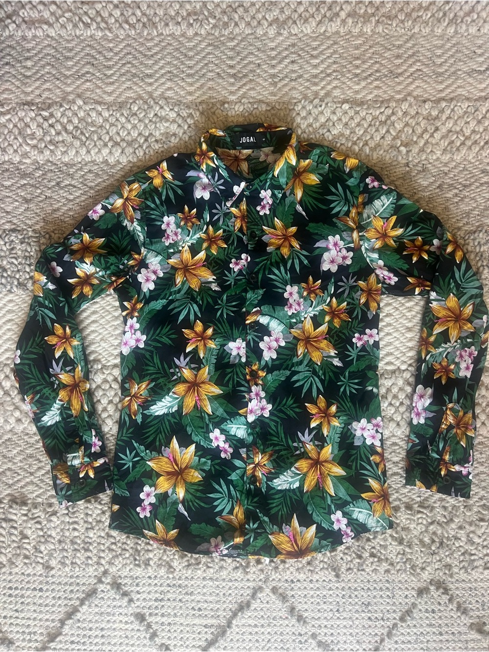 Jogal Men's Dark Green Floral Button-Down Shirt